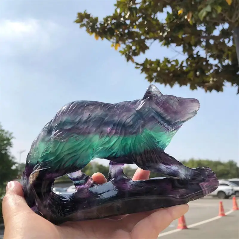 Natural Colored Fluorite Bear Carving Gemstone Reiki Healing Fengshui Stone Home Decor Holiday Gift 1pcs