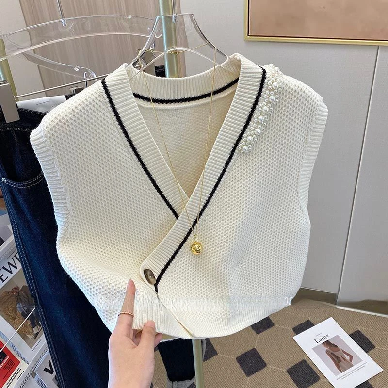 

Short Solid Knitted Sleeveless Women's V-collar Color Pullover Spring Vest Single Button Top T531