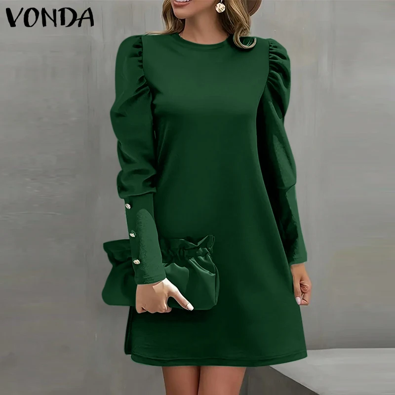 

Plus Size 5XL VONDA Elegant Dress Long Lantern Sleeve Casual Loose Solid Color Sundress 2025 O Neck Vestido A-Line Robe Oversize