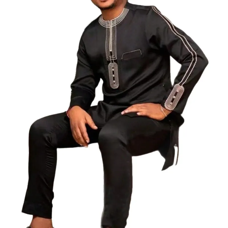 

2 Piece African Clothes for Men Summer Autumn African Long Sleeve O-neck Black Top Pant Matching Sets Dashiki Africa Clothing