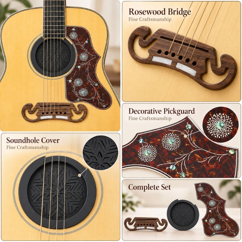 Wooden Guitar Bridge Replacement Set with Patterned Soundhole Cover and Floral Guard Plate for Coordinated Exterior Guitar 24BD