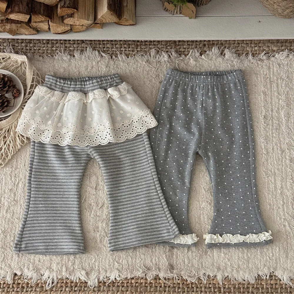 2026 Autumn New Baby Girl Lace Flared Pants Cotton Infant Polka Dot Casual Pants Girls Striped Trousers Toddler Clothes