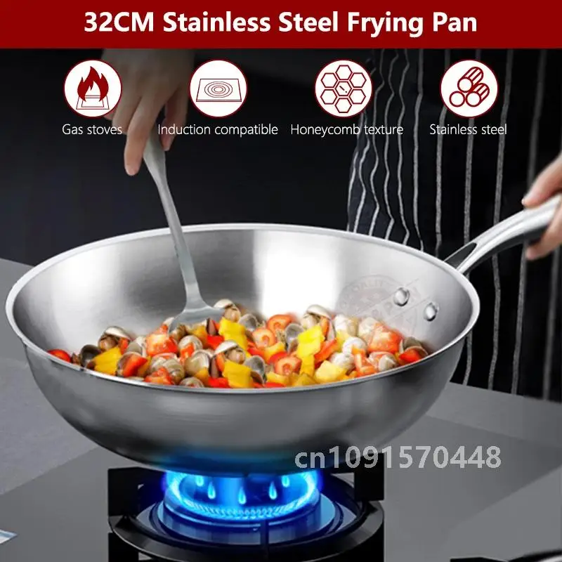 32cm Stainless Steel Frying Pan 3 Ply Professional Grade Steel Skillet Kitchen Fry Pan Cooking Wok Dishwasher Safe Silver