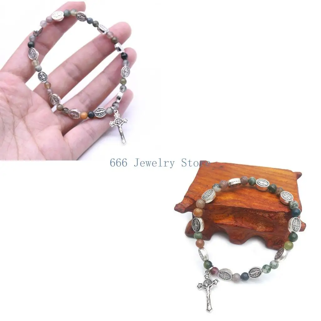 F2TD Cross-Charms Beaded Rosary Bracelet Catholic Strand Beads Wristband Adjustable