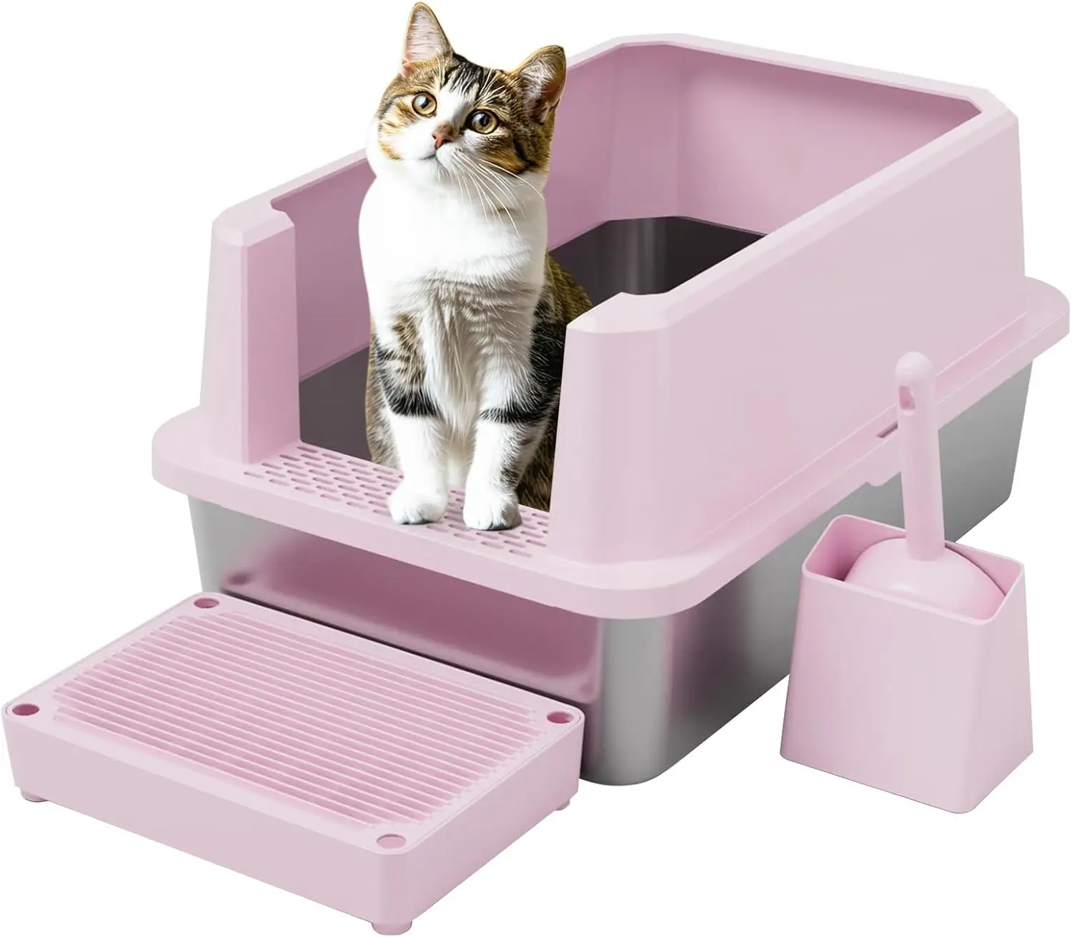 

Large Cat Litter Box: Pink Stainless Steel Open Pan - High Sides Prevent Leaks, Odor-Free & Easy Clean - Ideal for Big Cats