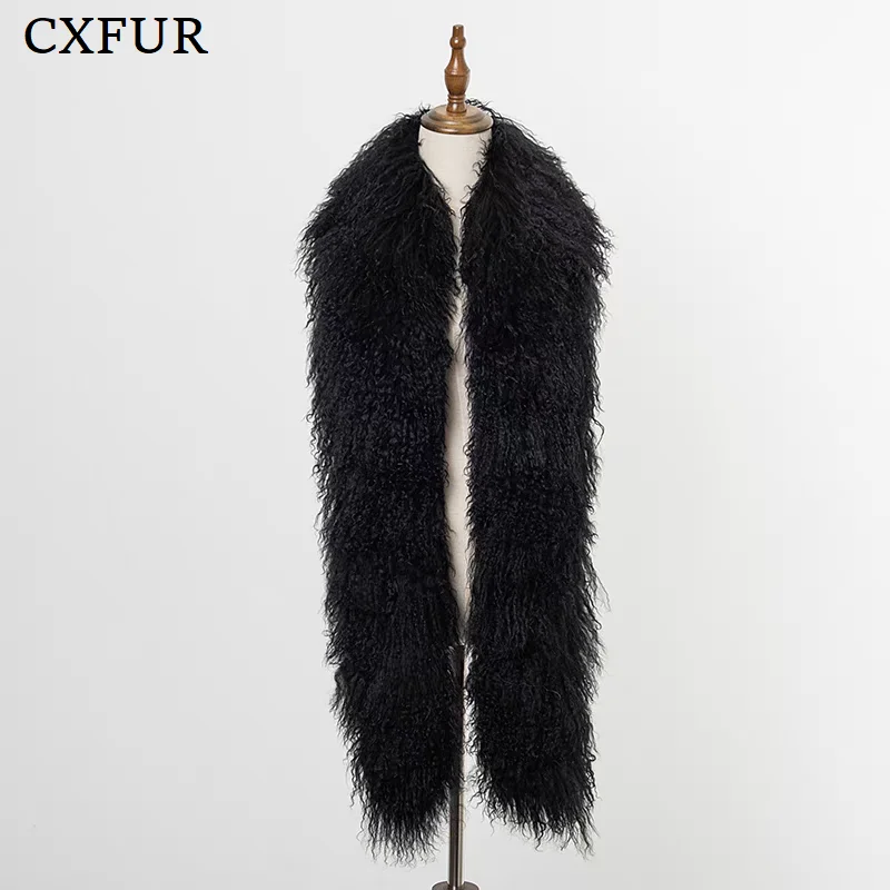 CX-S-214 Boutique Fashion Furry Women Real Mongolian Lamb Fur Long Scarf for Winter