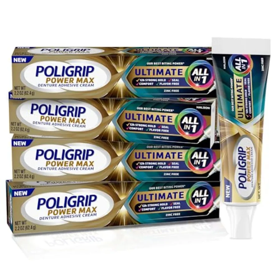 

Крем-адгезив для зубных протезов Poligrip Power Max Ultimate All-in-1 без цинка, 2,2 унции, 4 шт.