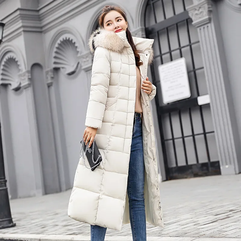 Parka longa de inverno feminina, casaco super quente, gola de pele, com capuz, acolchoado de algodão, jaqueta puffer, bolsos grossos, manga comprida, terno de neve