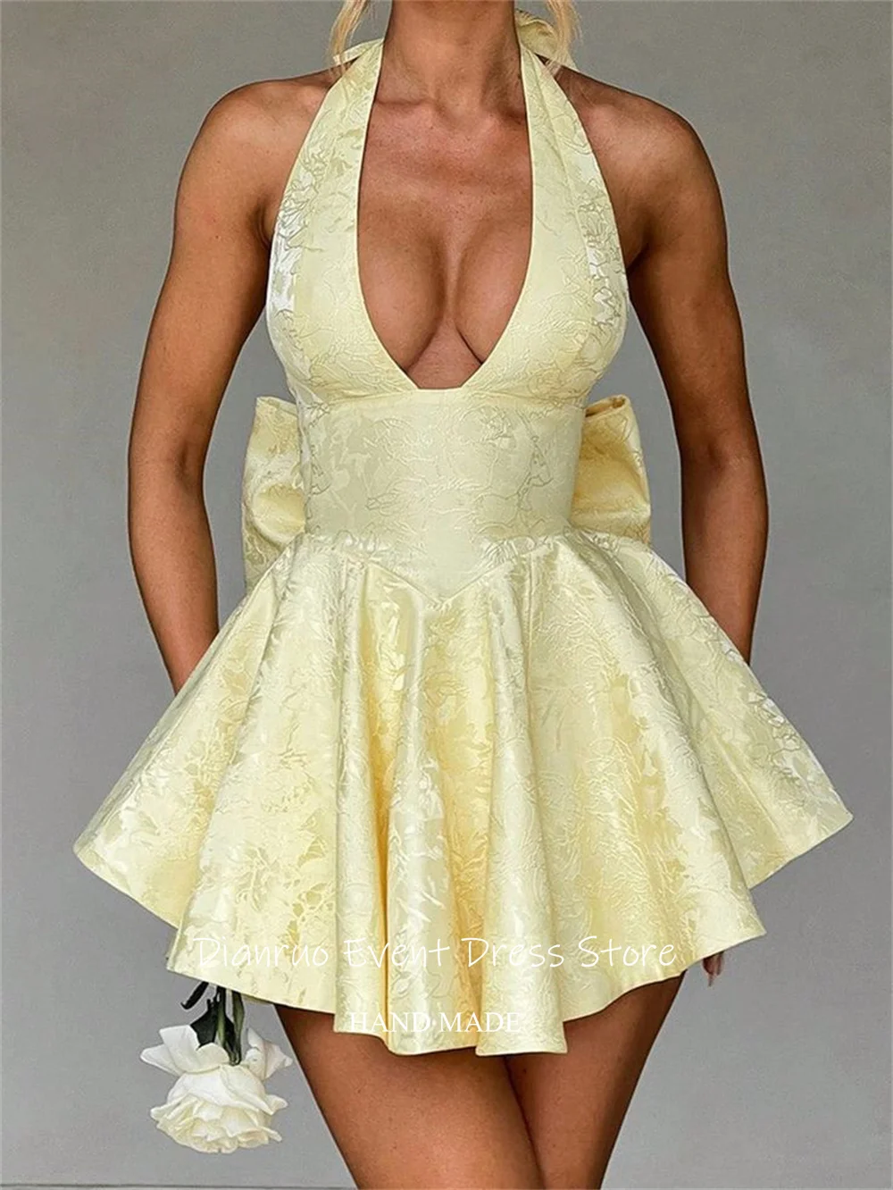 Dianruo Sexy Yellow Satin A Line Prom Dresses Mini Halter Women'S Clothing Party Sleveless Bow Adorned Lace Up Gowns Customized