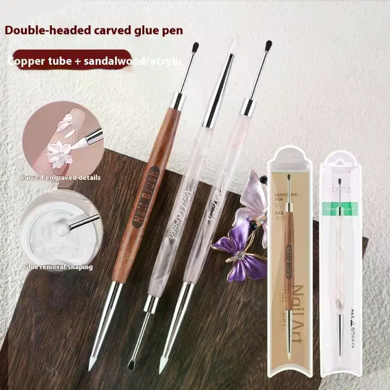 Multifunctional Sandalwood/Acrylic Double Headed Nail Art Brush Carving Flower Painting Pen Mixing Pen DIY Manicure Tool