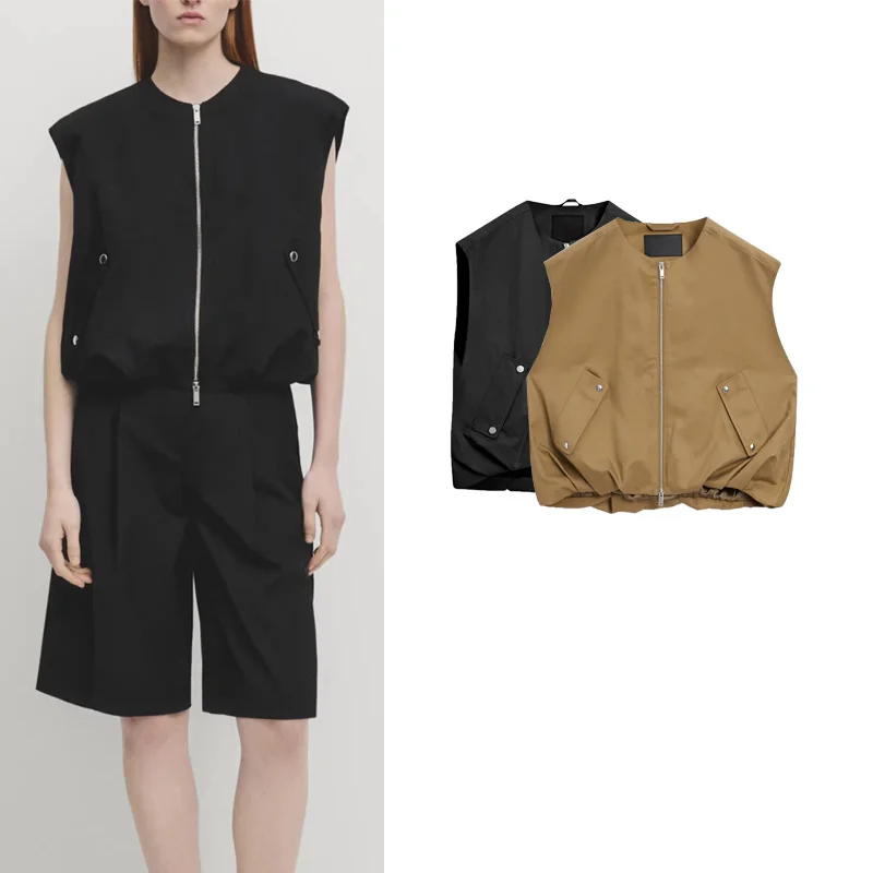 

Новое поступление, повседневный универсальный многослойный круглый жилет без рукавов, верхняя одежда из полиэфирного волокна, застежка-молния