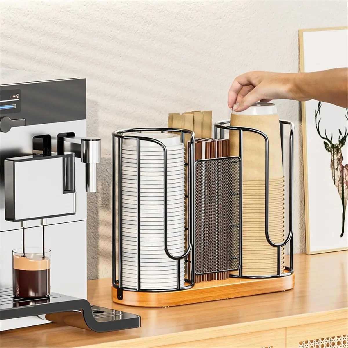 (LBER) Soporte para Tazas de Café y Tapas, Organizador de Vasos Desechables y Pajitas con Base de Madera, Dispensador de Vasos de Papel y Plástico