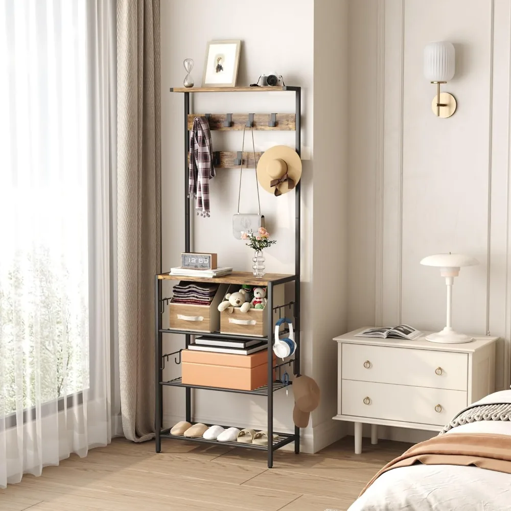 HOMEFORT Coat Rack with Shoe Storage, 5-Tier Shoe and Coat Rack with 9 Clothes Hooks, Freestanding Hall Tree Organizer