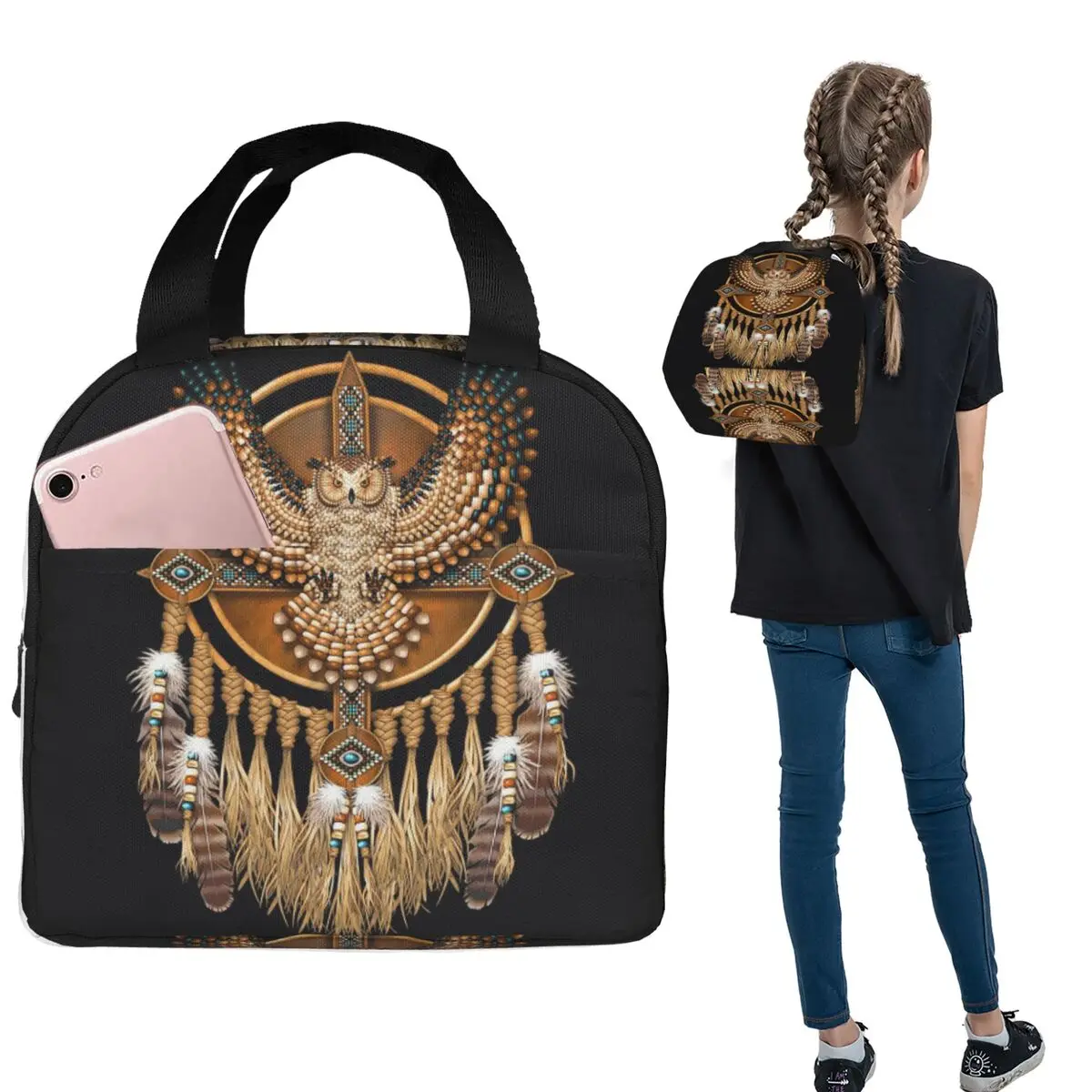 

Термосумка для обедов Native Mandala Owl American, изолированная, для женщин и детей, герметичная, для еды, термосумка-тоут