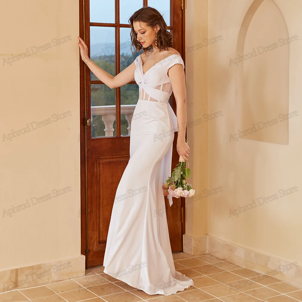 Vestidos De Novia sencillos De satén para dama De honor, hombros descubiertos, cuello en V, Espalda descubierta, vaina De sirena, largo hasta el suelo