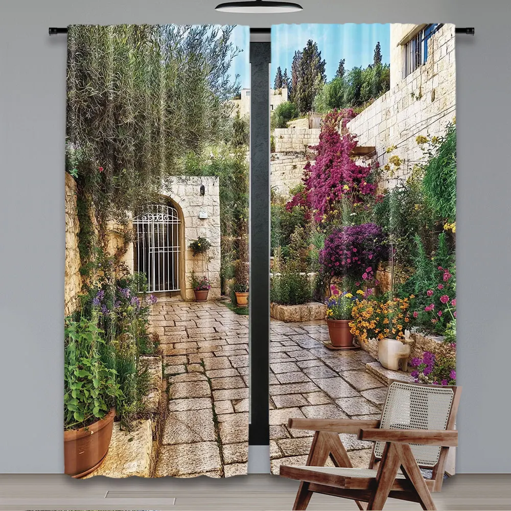 2Pcs Jerusalem Old House Narrow Street Curtain Spring Flowers Trees For Living Room Bedroom And Many Other Occasions A