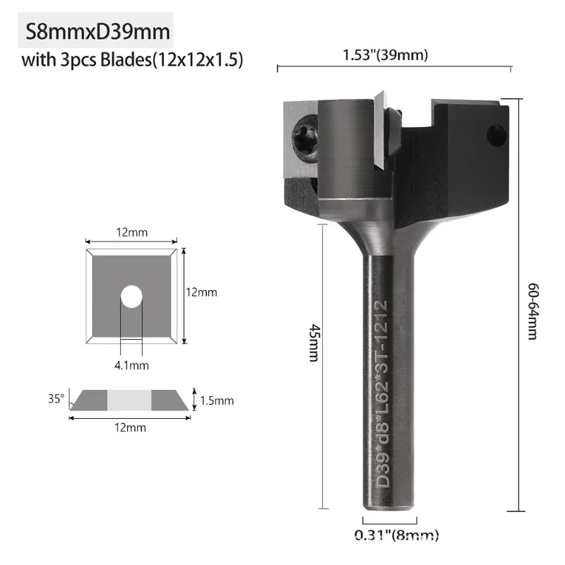Indexable Spoilboard Surfacing Router Bit 3 Blades Replaceable Blades Wood Milling Cutter