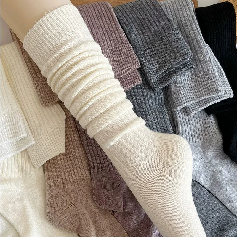 Autumn Winter Soft Wool Long Socks Women Cashmere Solid Knitted Stocking Skinny Casual Knee High Fluffy Warm Thicken Girls Socks