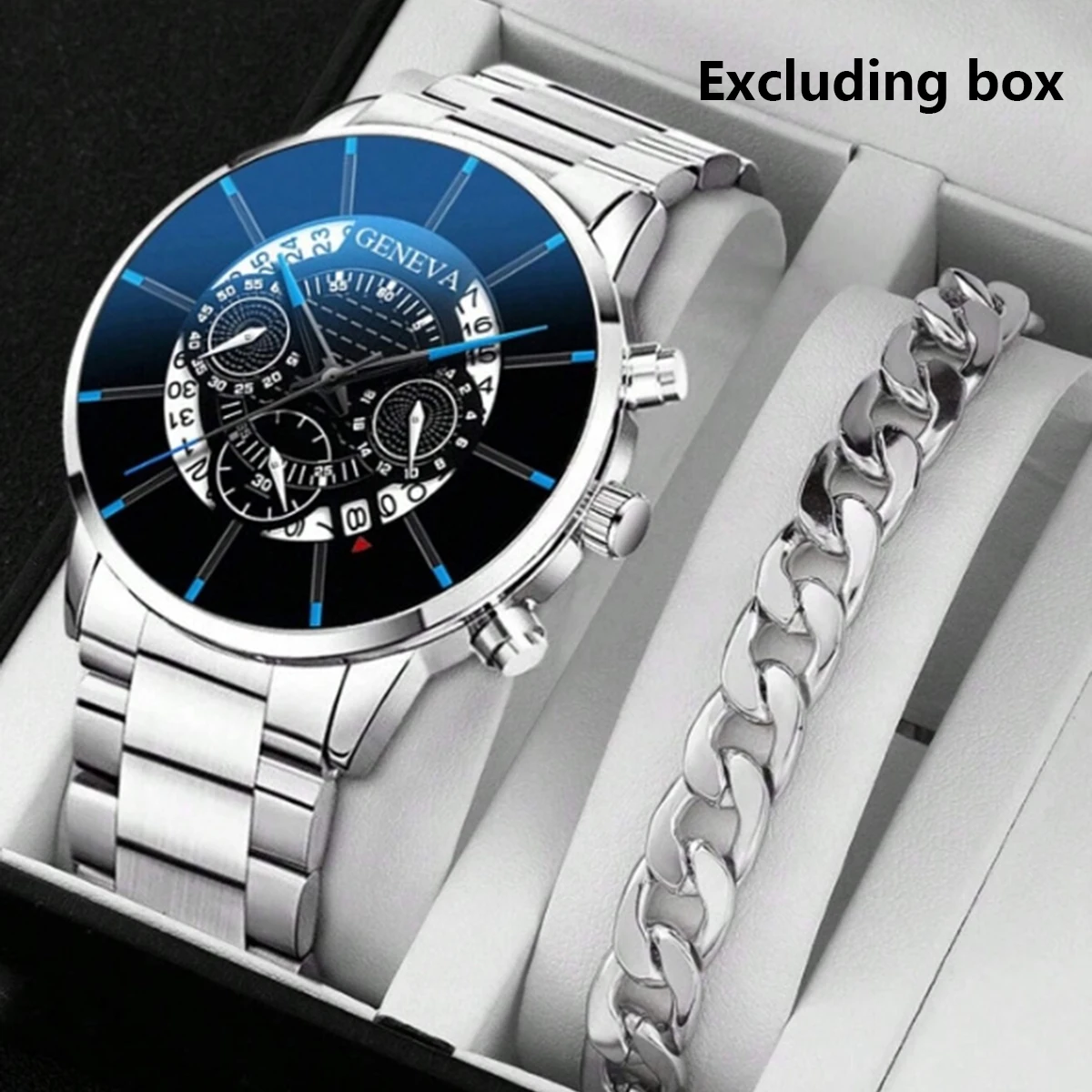 2Pcs/set Silver Color Fashionable Men's Calendar Quartz Watch + Men's Business Stainless Steel Bracelet Watch