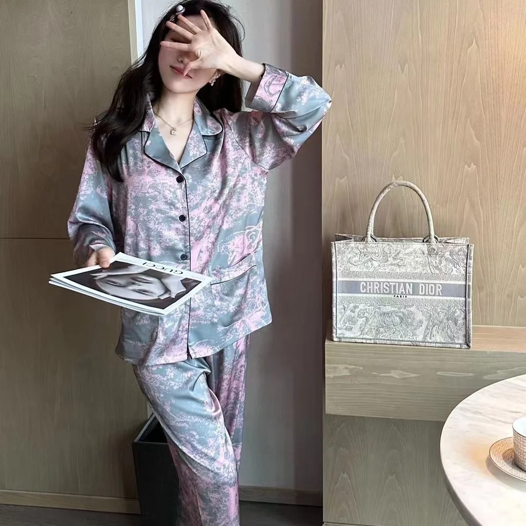 Summer New Ice Silk Pajamas Women's Long Sleeved Two-piece Set Printed Sleepwear