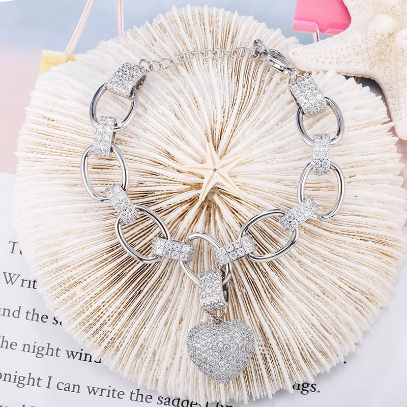 NINGAN Women Heart Pendant Chain Bracelet Fashion Dazzling Crystal Charm Bracelet for Female Girls Gold Hand Jewelry