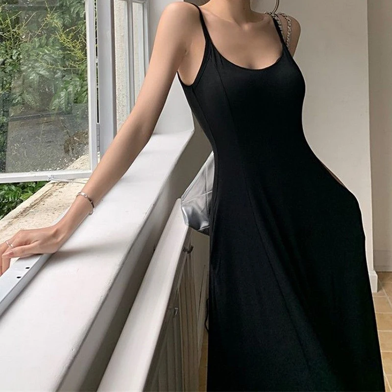 Y2K Sexy Low Collar Spaghetti Strap Dress Women Casual Slim Gray Long Beach Dresses Female Solid Elegant Sleeveless Sundress