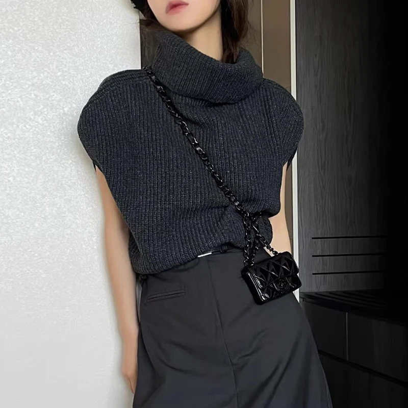 Chic Autumn High Collar Loose Women's Knitted Sweater Pure Color Svel Vest Faionable Comfortable Soft Texture