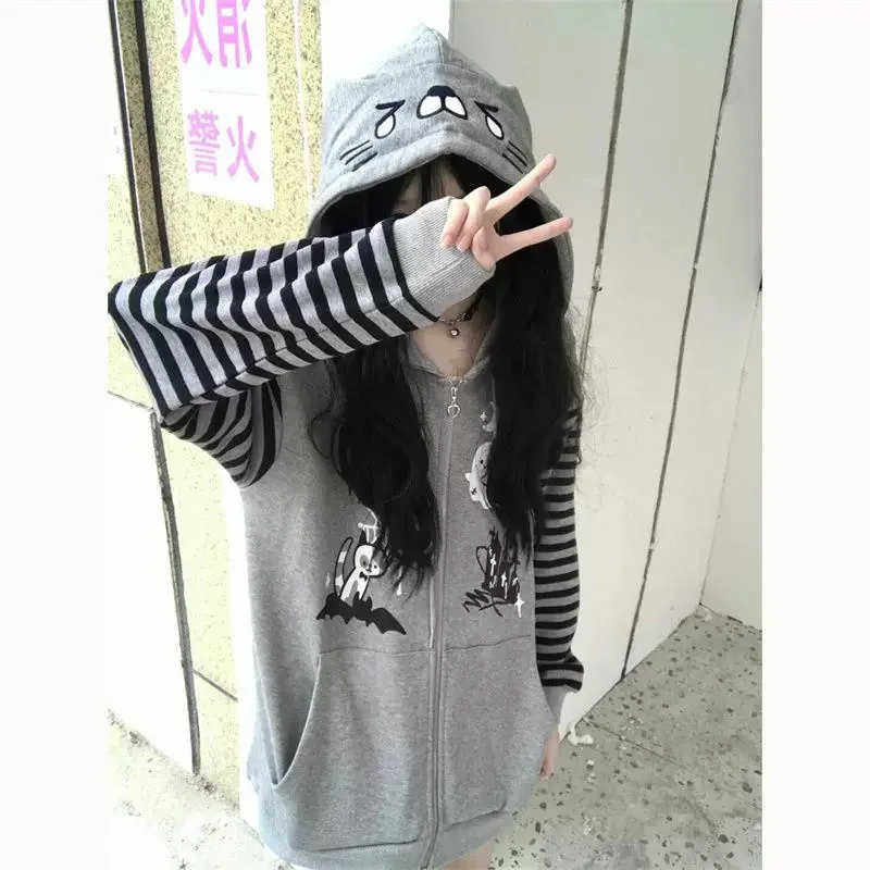 

Толстовки на молнии в стиле Харадзюку с принтом «Кошачье ухо» в стиле каваи, куртка в полоску с рукавами в японском стиле, готическая осенняя уличная одежда Cuteore