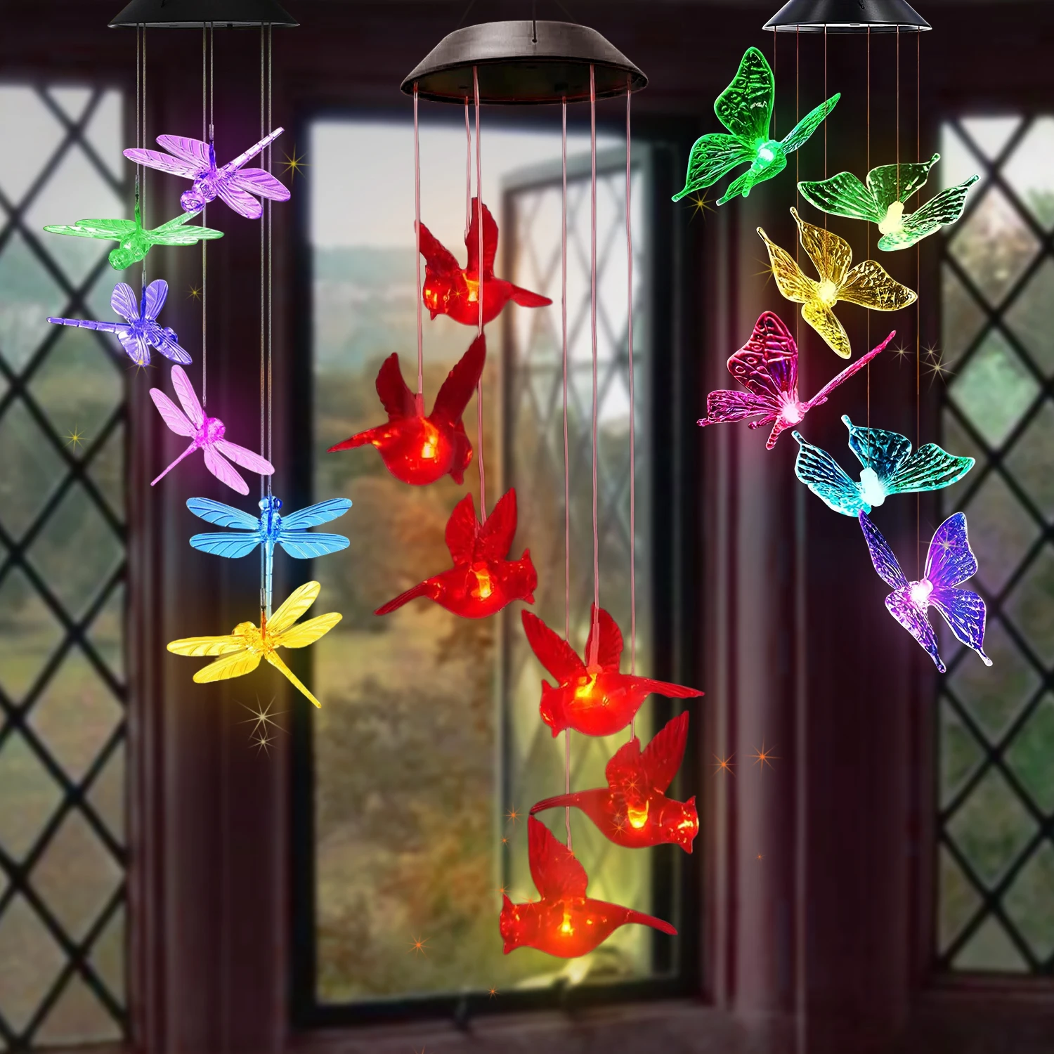 1Pc Outdoor Solar Garden Multi-color Wind Chime Lights North American Cardinals Butterfly Dragonfly Hummingbird and So On