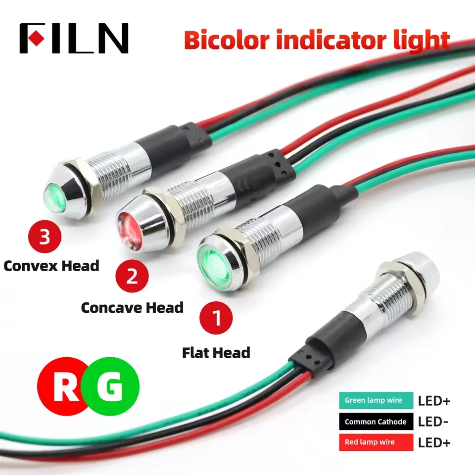 FILN 8mm bicolor tricolor Red Green Blue Yellow 12V 24V Metal Indicator Light led indicator light with 20cm cable