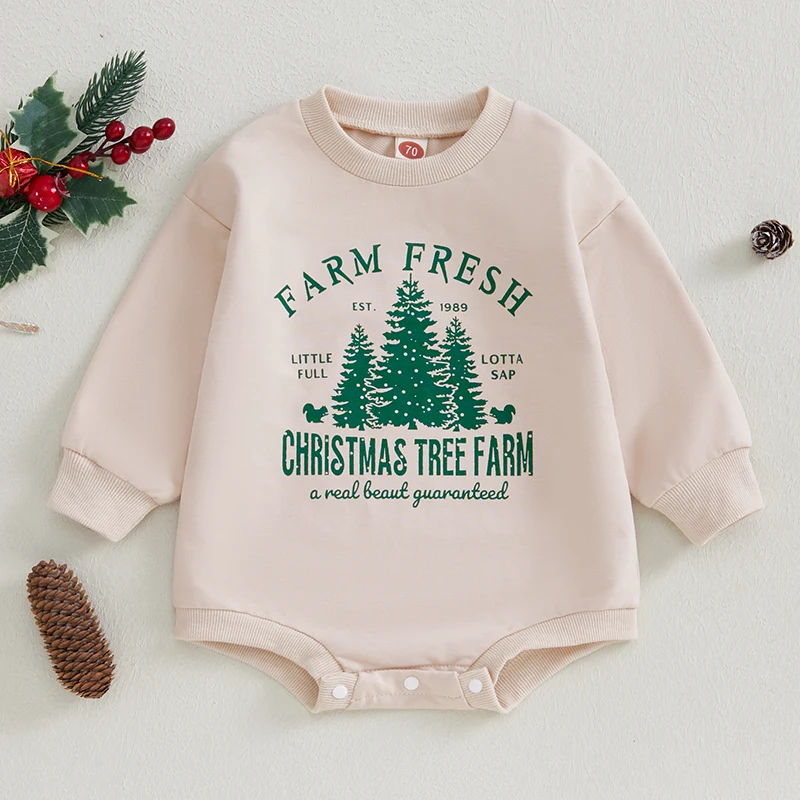 

Baby Christmas Sweatshirt Romper Letter Tree Print Bubble Long Sleeve Crew Neck Jumpsuit Xmas Bodysuits Clothes 2024