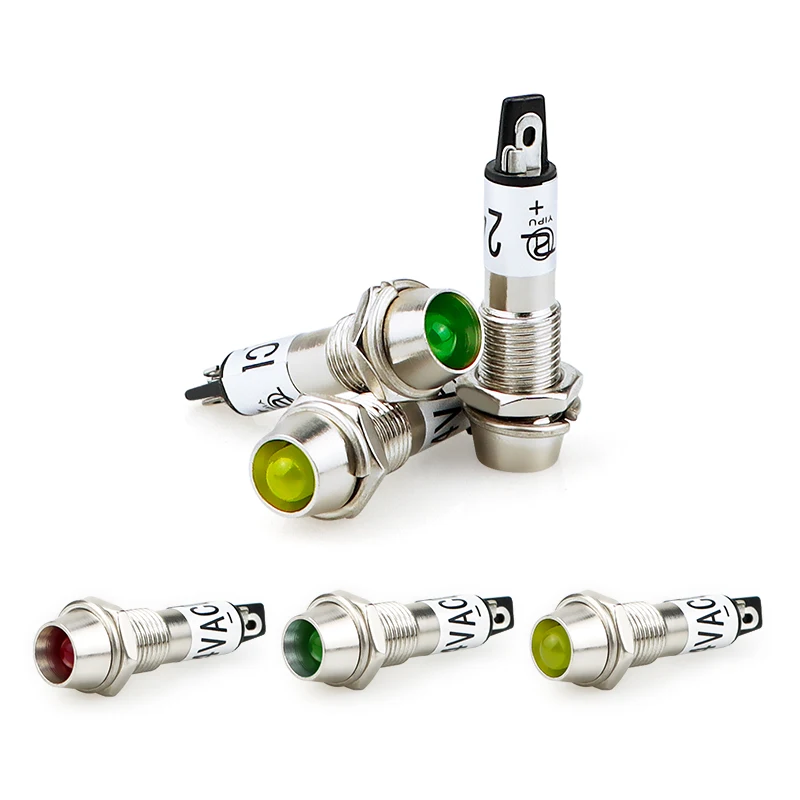 10pcs Panel  8mm LED Indicator Mounting Red Green Yellow Power  Indication LED Signal Lamp 12VDC 24VDC 220VAC XD8-1