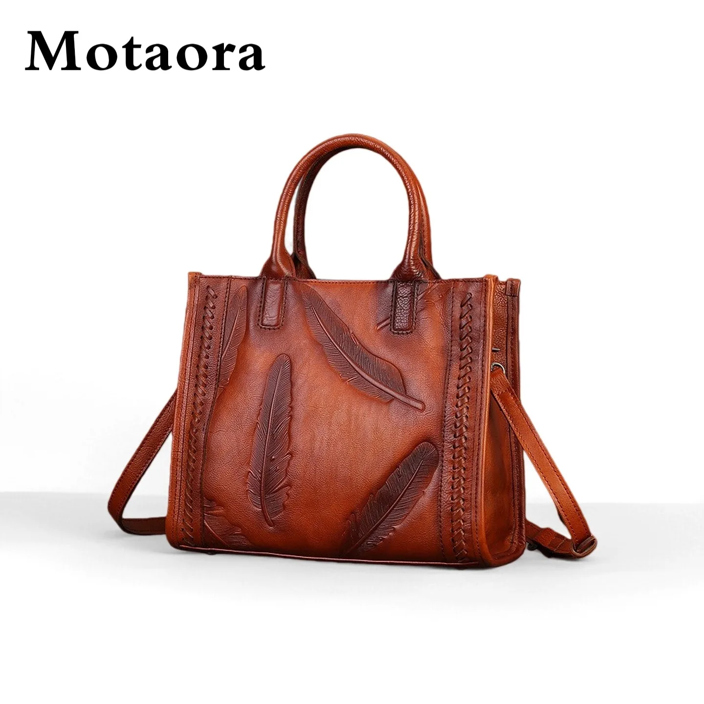 

MOTAORA Genuine Leather Handbag for Women, Vintage Top Handle Purse Crossbody Strap, Embossed Feather Designer Bag for Daily Use