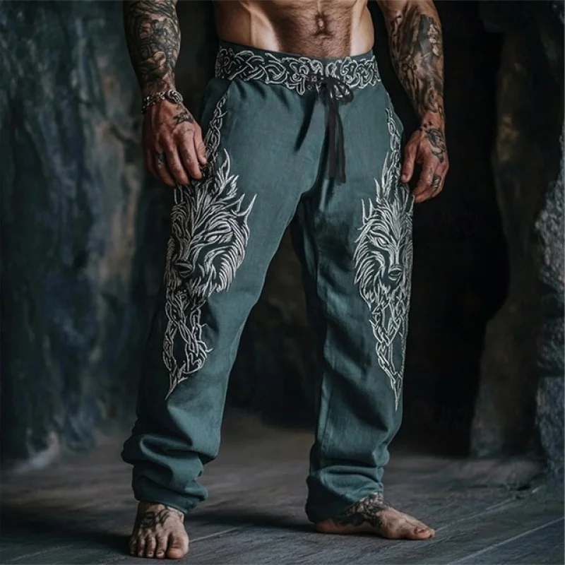 กางเกงลำลองผู้ชายลายไวกิ้งเซลติกแบบย้อนยุค ลายหมาป่า พิมพ์ลาย 3 มิติ กางเกงขายาวทรงตรง มีเชือกผูก เหมาะสำหรับใส่ไปเที่ยวทะเล ไซส์ S-5XL