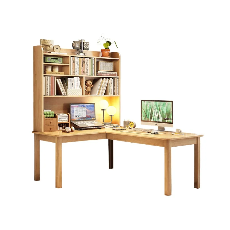 

Угловой стол из массива дерева, студенческий домашний L-образный письменный стол, книжная полка