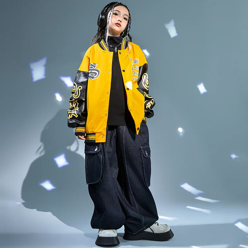 Ropa de Hip Hop Kpop para niño y niña, abrigo de béisbol amarillo, chaqueta de carreras, pantalones Cargo negros, disfraz de baile de Jazz