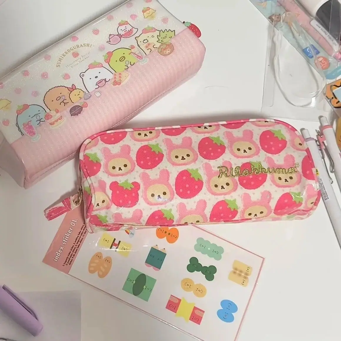 

Kawaii Cute San-x Rilakkuma Cute Strawberry Powder Rabbit Pen Bag Cartoon Student Learning Stationery Storage Bag Girl Gift Toys