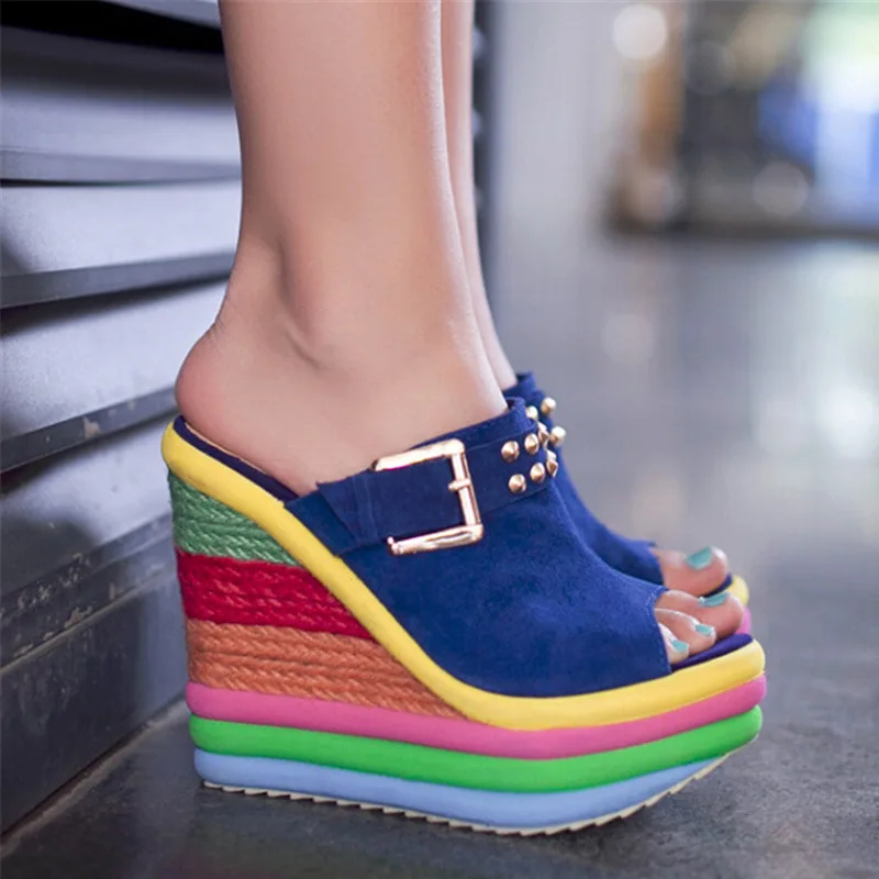 Summer Sexy Bohemia Casual Rainbow Peep Toe Platform Sandals for Women Wedges Sandalias Plataforma Shoes High Heel Tacones Mujer