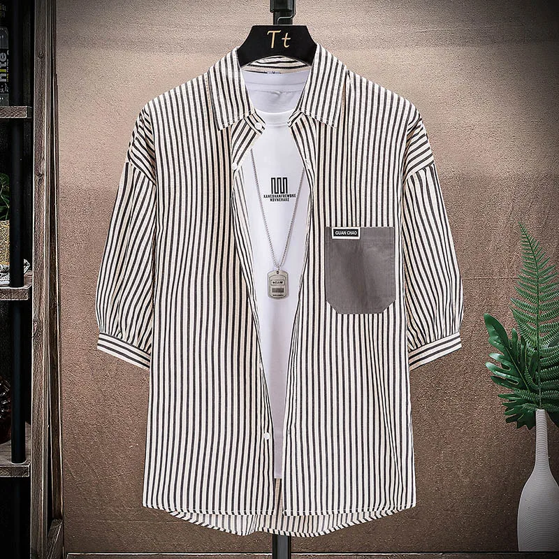 

2023 New Men's Fashion Casual Korean Version of The Trend Everything Hong Kong Style Classic Seven-point Sleeve Lapel Shirt