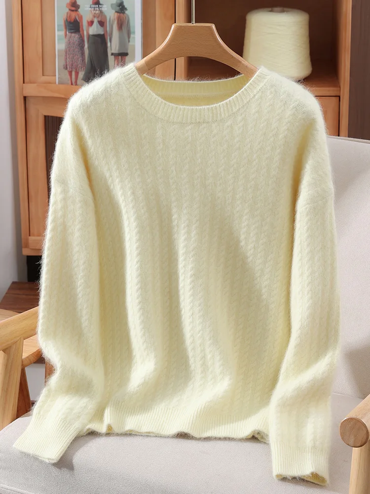 

TLOML Women‘s 100% Mink Cashmere Sweater O-Neck Cable Knitting Pullover Autumn Winter Basic Soft Warm Mink Cashmere Bottom Tops