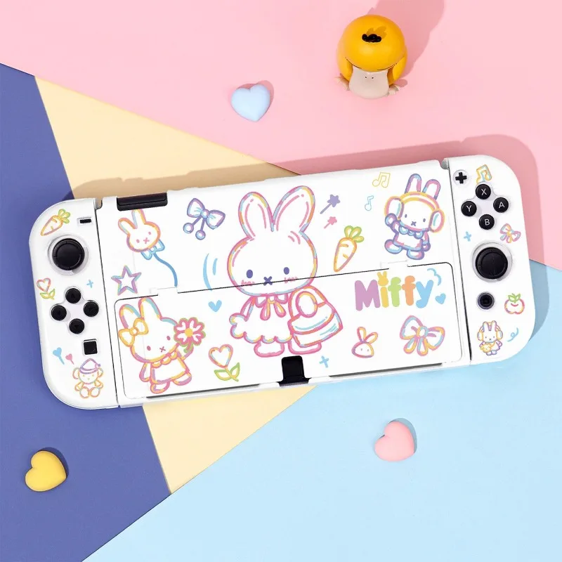 Cute Miffy Gaming Console Protective Case for Nintendo Switch 2 OLED NS V2, Cartoon Rabbit Graffiti Cover, Handheld Gaming Shell