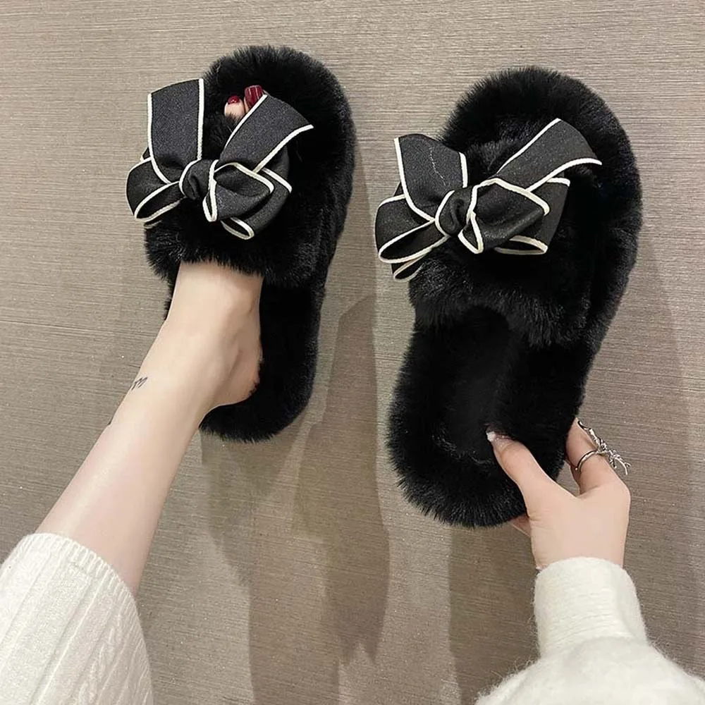 

Home Slippers Bow Winter Fluffy Slippers Korean Style Bowknot Soft Plush Slippers Anti Slip Khaki/Beige/Black Warm Fur Slippers