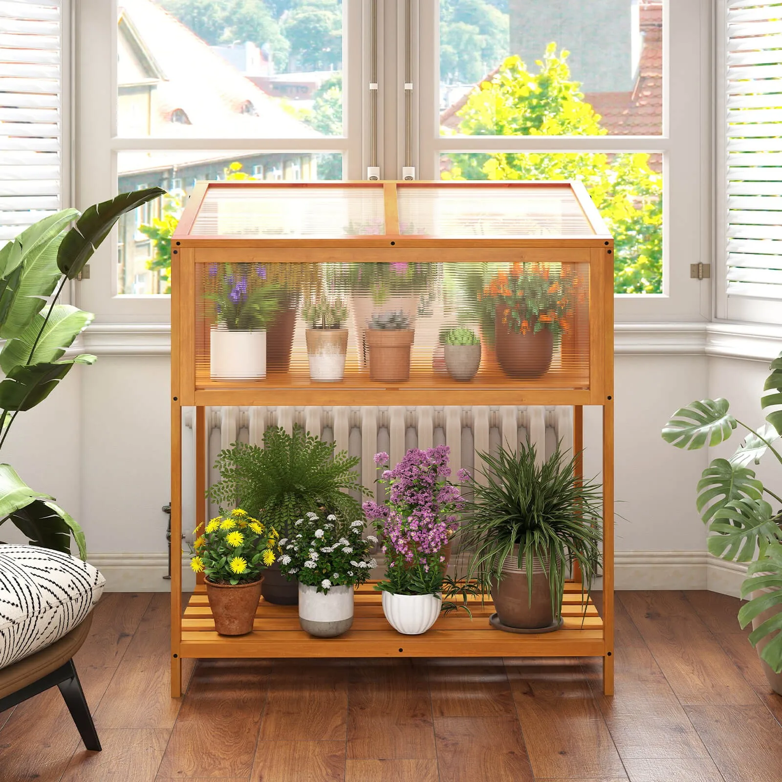 

Wood Cold Frame Greenhouse with Transparent Openable Roof for Garden Sunroom