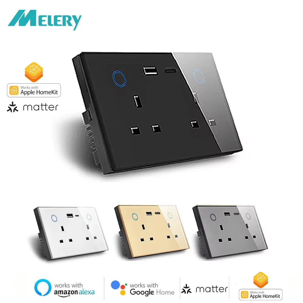 Melery Matter Thread Smart UK Wall Socket Glass USB Type-c Plug Outlet Fast Charge 20W by Homekit Alexa Google Home SmartThings