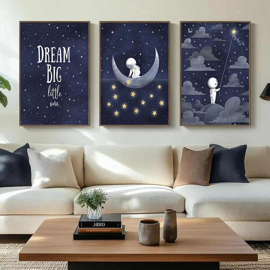 Cartoon Astronaut in Outer Space and On A Planet Poster Navy Blue Moon and Stars Themed Mural Blue Milky Way Boy Bedroom Decor