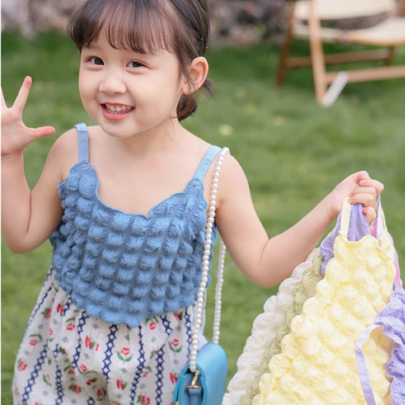 Summer Korean Version Of Children'S Vest For Girls Baby Kids Solid Plaid Suspender Cute Bubble Checkered Top Children'S Clothing