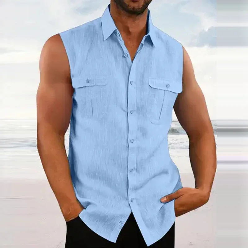 

Leisure Men's Cotton Linen Tank Tops 2023 Spring Summer Casual Solid Color Buttoned Lapel Sleeveless Vest Shirt Fashion Camisole