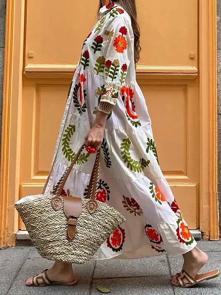 Women Sweet Simple Long Sleeve Party Dress, Spring Summer Turn-Down Collar Fashion Maxi Dress, 2024 Button Printing Ladies Dress