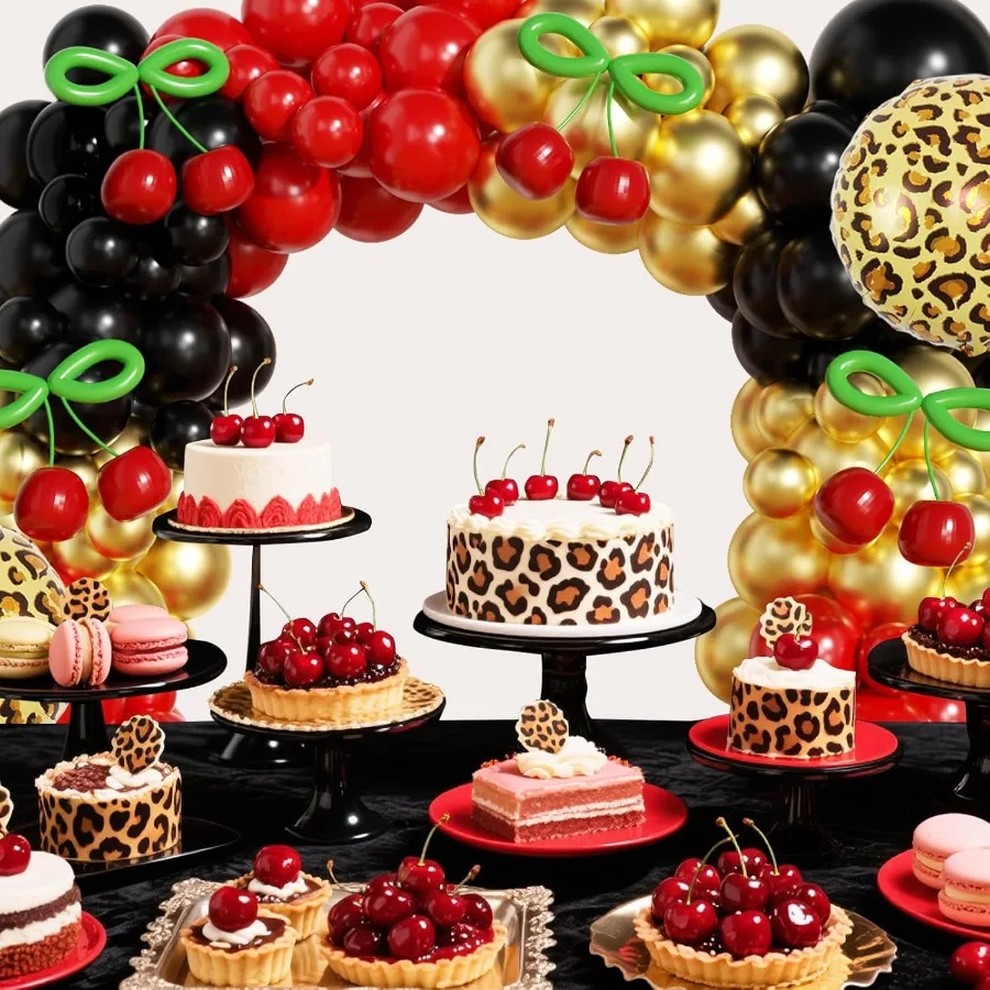 182 قطعة زينة حفلات بيتي ليوبارد الفهد طباعة زينة الحفلات الأحمر والأسود الكرز طقم قوس بالون مع الفهد الذهبي B
