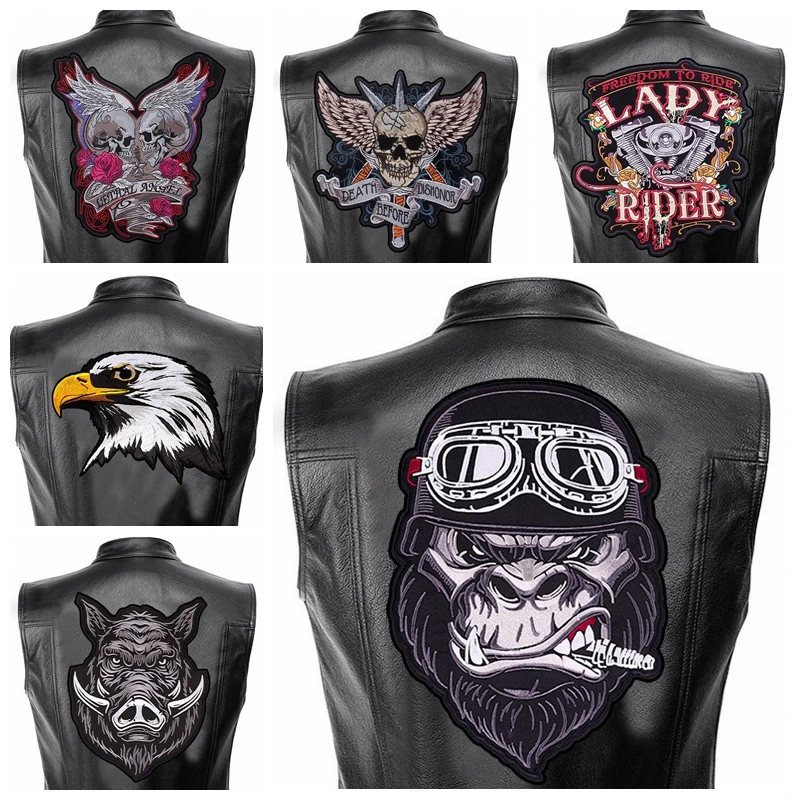 

Large Back Embroidered Patches Motorcycle Bike Skull Patch Iron On Patches For Clothing Back DIY Punk Animal Embroidery Badges